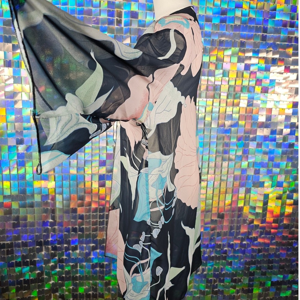 Floral Chiffon Kimono Womens OS‎ Pink Navy Good Sheer Open Front Boho - Picture 4 of 7
